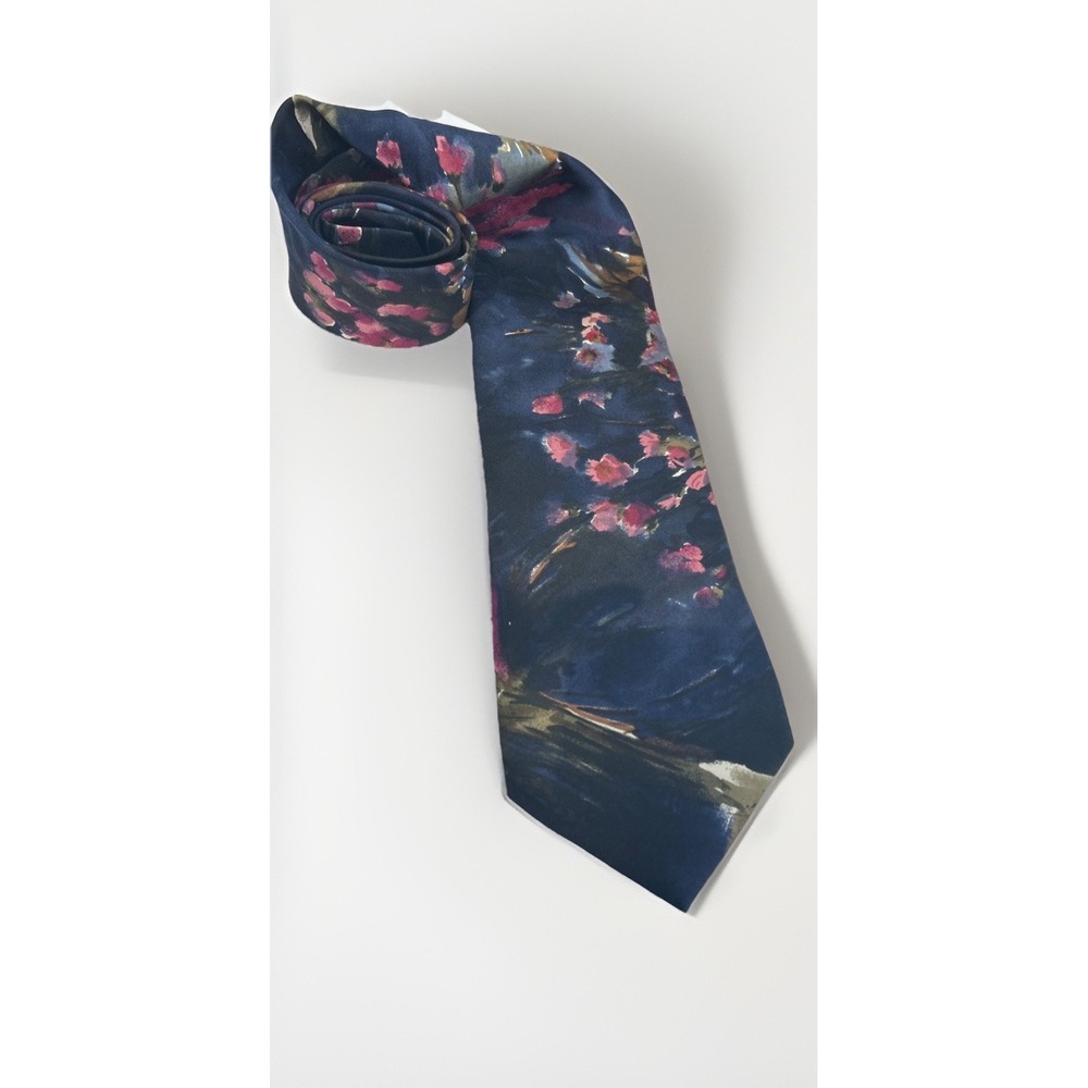 Vintage Navy Blue Italian Silk Tie L'Atelier Floral Abstract Made In USA